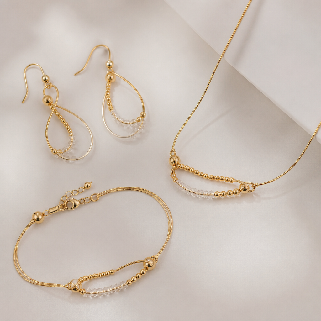 A abstract women's earrings made of gold suitable for daily wear, ultra-minimalist, very simple and clean, understated, no embellishments. made from wire, seed beads and crystal beads a set of earrings with matching bracelet and necklace
photorealistic jewelry design, A abstract women's earrings made of gold suitable for daily wear, ultra-minimalist, very simple and clean, understated, no embellishments. made from wire, seed beads and crystal beads a set of earrings with matching bracelet and necklace, abstract style, just the design no text