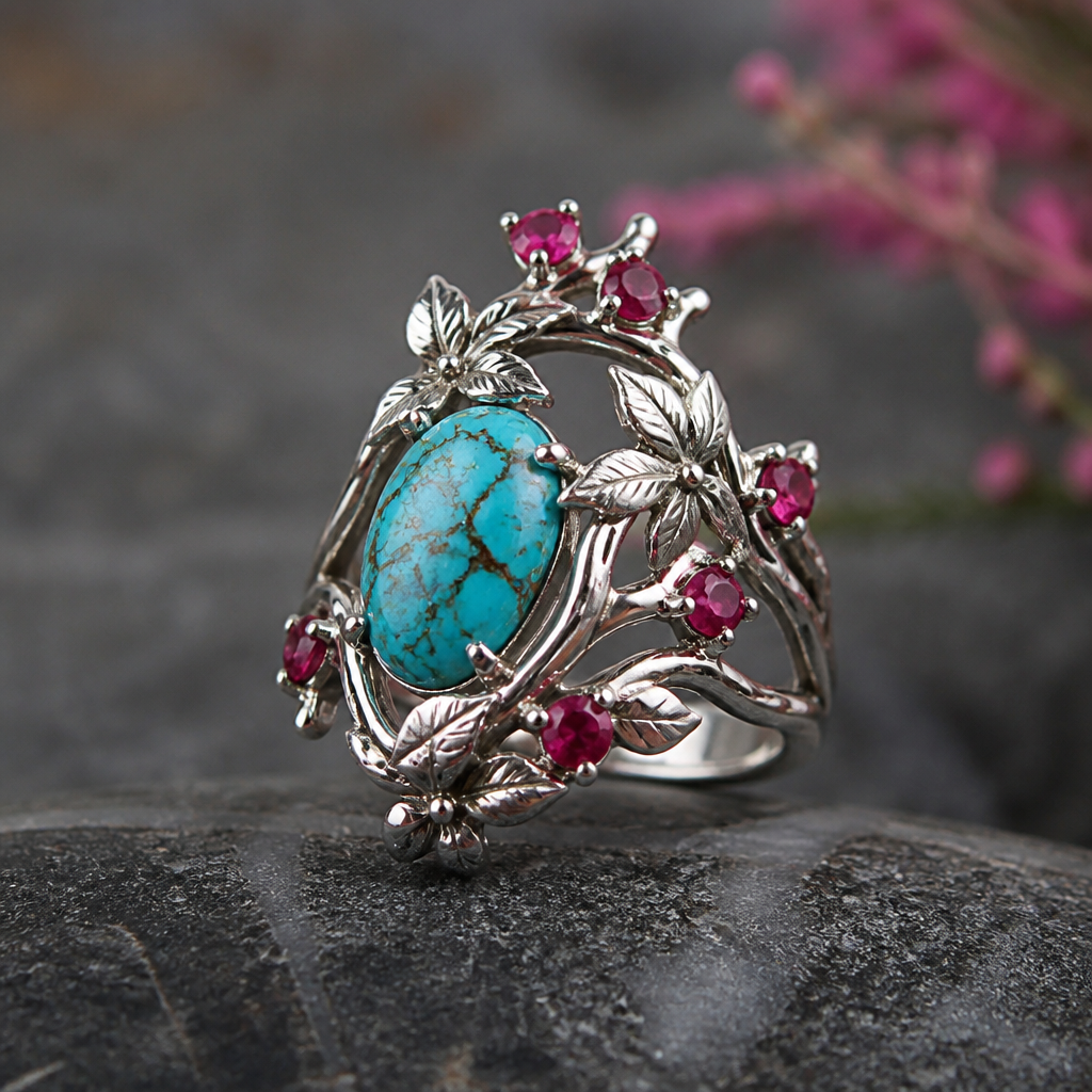 A nature women's ring made of silver with turquoise and ruby stones. un anello con pietre intrecciate
photorealistic jewelry design, A nature women's ring made of silver with turquoise and ruby stones. un anello con pietre intrecciate, nature_inspired style, just the design no text