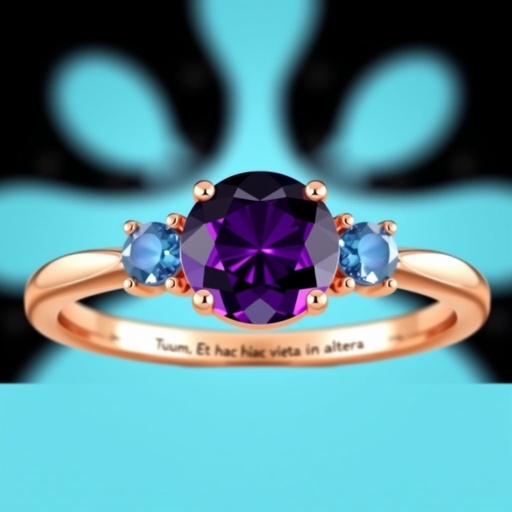 A simple, three stone 18 karat rose gold engagement ring set with a circular purple alexandrite. Also set with a small half moon cut blue chalcedony on one side right next to it, and a small half moon cut moonstone set on the other side right next to it. On the inside of the band, it has an inscription reading, “Tuum. Et in hac vita et in altera.”