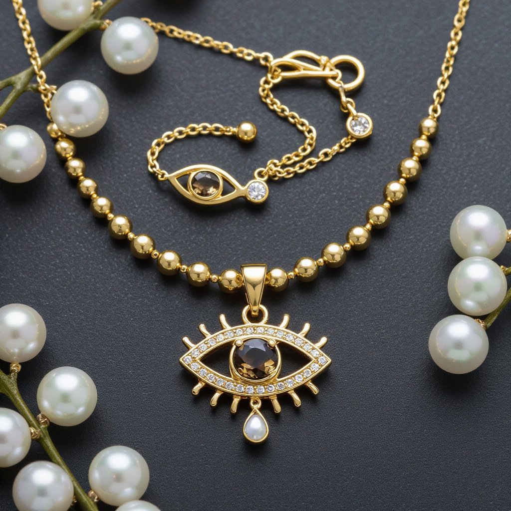 Тонкая цепочка с золотыми шариками и мелкими жемчужными камушками на цепочке есть кулон в форме глаза, зрачок глаза из раухтопаза от глаза идет маленькая подвеска с маленьким камушком 