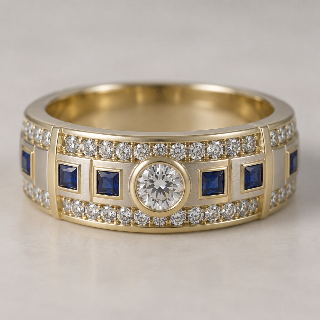 A classic women's ring made of mixed metal with diamond and sapphire stones. design ring using 33 .10 carat diamonds, 7 .10 carat square sapphires, and one .50 carat round diamond. metals should be white and yellow gold with a matte finish. do not cluster gems.
photorealistic jewelry design, A classic women's ring made of mixed metal with diamond and sapphire stones. design ring using 33 .10 carat diamonds, 7 .10 carat square sapphires, and one .50 carat round diamond. metals should be white and yellow gold with a matte finish. do not cluster gems., classic style, just the design no text