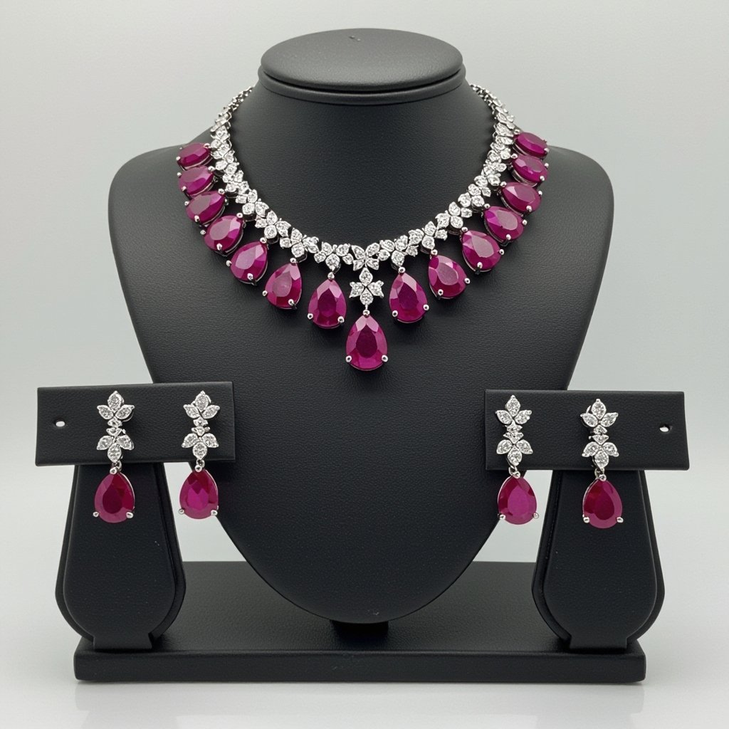 Ruby luxury necklace long pear drop style and luxury earring set Platinum necklace, ruby pear drops, diamond accents, prong setting. Matching platinum earrings, ruby pear drops, diamond accents, prong setting.