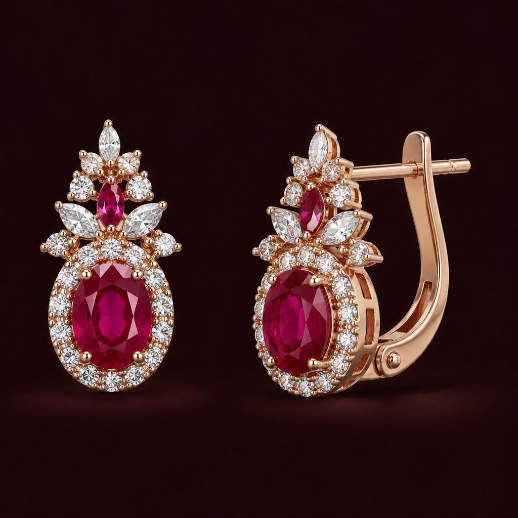 A luxury women's earrings made of rose gold with diamond and ruby stones suitable for engagement. I want u design similar earings matching with this ring
photorealistic jewelry design, A luxury women's earrings made of rose gold with diamond and ruby stones suitable for engagement. I want u design similar earings matching with this ring, luxury style, just the design no text