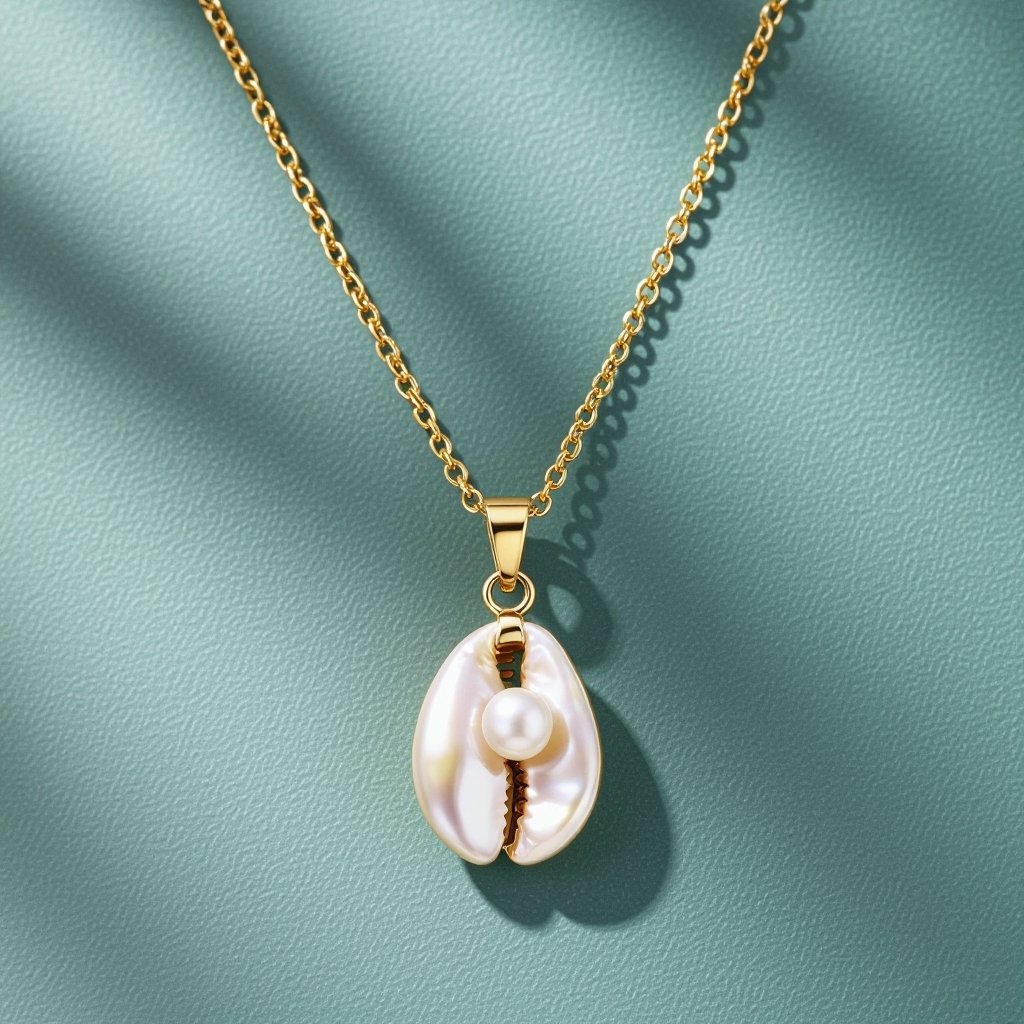 Украшение на шею золотая цепочка с подвеской в виде ракушки с жемчугом внутри