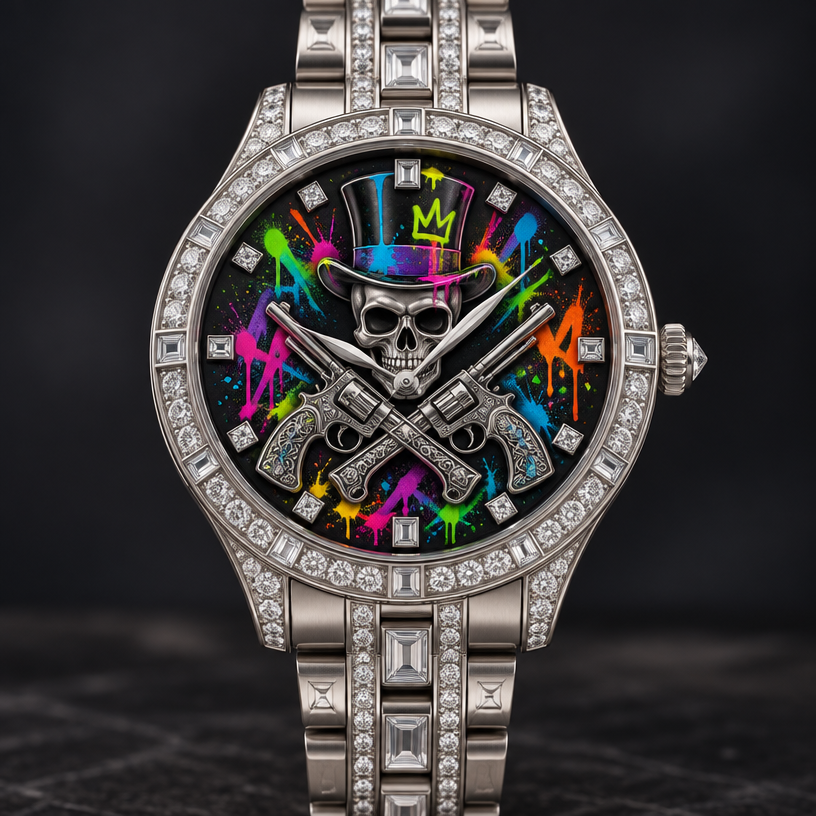 A medieval women's watch made of platinum suitable for formal. a skull with neon graffiti around the skull and pistols crossing
using the attached image as a visual reference, create A medieval women's watch made of platinum suitable for formal. a skull with neon graffiti around the skull and pistols crossing. photorealistic, just the design no text