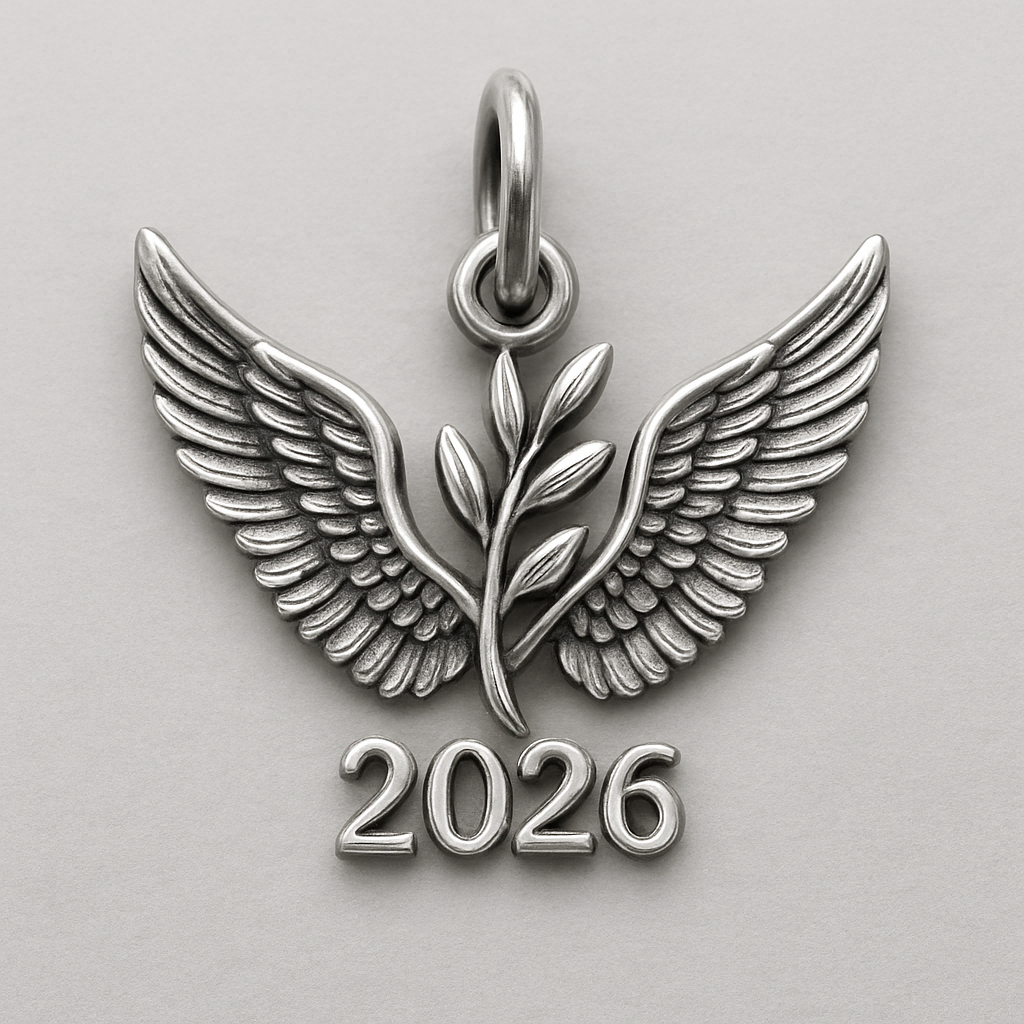Silver charm with only two spread bird wings, an olive branch and year 2026