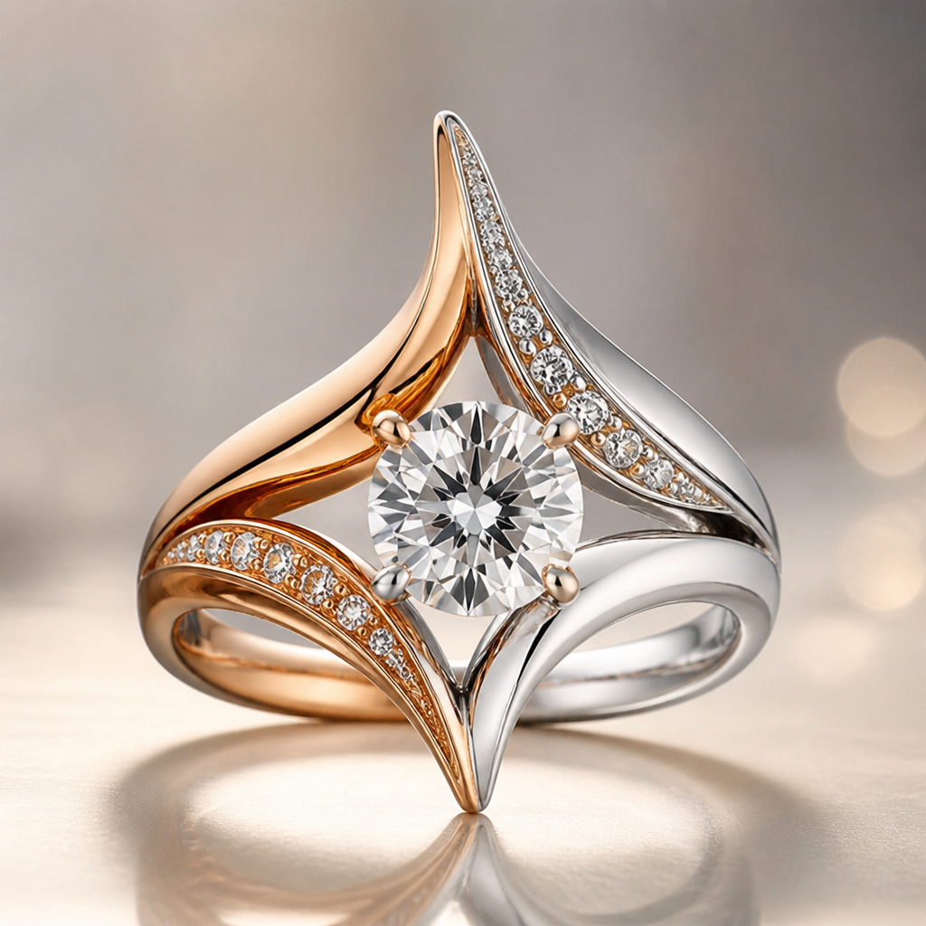 A avant-garde women's ring made of mixed metal with diamond stones suitable for festival. An extraordinary excellent beautiful delicate and elegant solitaire women ring. Face of the ring.
photorealistic jewelry design, A avant-garde women's ring made of mixed metal with diamond stones suitable for festival. An extraordinary excellent beautiful delicate and elegant solitaire women ring. Face of the ring., avant_garde style, just the design no text