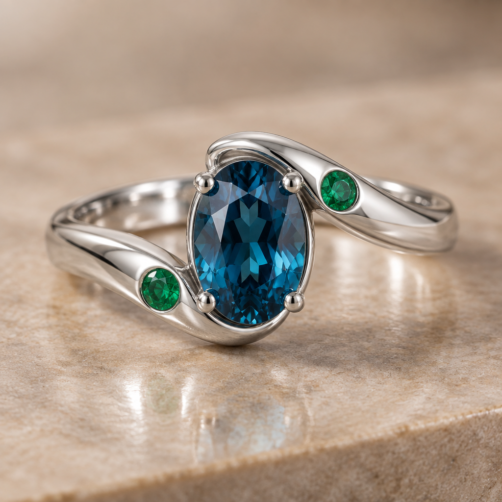 A women's ring, highly ornate, intricate and elaborate, richly detailed. Photorealistic 3D render of a fine jewelry ring, bypass (twisted asymmetric) design in polished 18K white gold with rhodium finish. Center stone: oval faceted London Blue gemstone, deep saturated teal-blue, 4.9 x 3.9 mm, long axis aligned with the finger, held by 4 slim round prongs with small ball tips, thin open wire gallery under the girdle, open underside so light passes through the pavilion. Two shoulders sweep in opposite directions around the stone: the left shoulder wraps below the stone, the right shoulder wraps above it. Each shoulder has one round 2 mm emerald, vivid green, flush-set into the metal. Band: half-round comfort profile, 2 mm wide at the back, widening to 3 mm at the shoulders, smooth, no engraving, no extra stones. Ring inner diameter 17.5 mm.
Three-quarter front view, slightly elevated camera, ring resting on a soft beige stone surface with subtle reflection, shallow depth of field, blurred warm neutral background. Studio jewelry lighting, softbox highlights on the metal, crisp facet reflections and realistic light dispersion in the gems, macro product photography, 100 mm lens, f/8, ultra-detailed, 8K, physically based rendering.
Negative prompt: yellow gold, rose gold, halo, pavé, extra diamonds, engraving, more than two green stones, round center stone, thick bezel, hands, fingers, text, watermark, logo, distorted prongs, cartoon, low resolution.
photorealistic jewelry design, A women's ring, highly ornate, intricate and elaborate, richly detailed. Photorealistic 3D render of a fine jewelry ring, bypass (twisted asymmetric) design in polished 18K white gold with rhodium finish. Center stone: oval faceted London Blue gemstone, deep saturated teal-blue, 4.9 x 3.9 mm, long axis aligned with the finger, held by 4 slim round prongs with small ball tips, thin open wire gallery under the girdle, open underside so light passes through the pavilion. Two shoulders sweep in opposite directions around the stone: the left shoulder wraps below the stone, the right shoulder wraps above it. Each shoulder has one round 2 mm emerald, vivid green, flush-set into the metal. Band: half-round comfort profile, 2 mm wide at the back, widening to 3 mm at the shoulders, smooth, no engraving, no extra stones. Ring inner diameter 17.5 mm.
Three-quarter front view, slightly elevated camera, ring resting on a soft beige stone surface with subtle reflection, shallow depth of field, blurred warm neutral background. Studio jewelry lighting, softbox highlights on the metal, crisp facet reflections and realistic light dispersion in the gems, macro product photography, 100 mm lens, f/8, ultra-detailed, 8K, physically based rendering.
Negative prompt: yellow gold, rose gold, halo, pavé, extra diamonds, engraving, more than two green stones, round center stone, thick bezel, hands, fingers, text, watermark, logo, distorted prongs, cartoon, low resolution., modern style, just the design no text