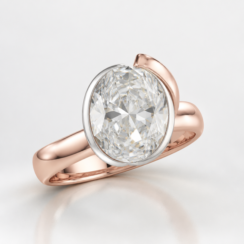 A women's ring. with a 10 ct oval
platinum half bezel like picture
rose gold band
using the attached image as a visual reference, create A women's ring. with a 10 ct oval
platinum half bezel like picture
rose gold band. photorealistic, just the design no text