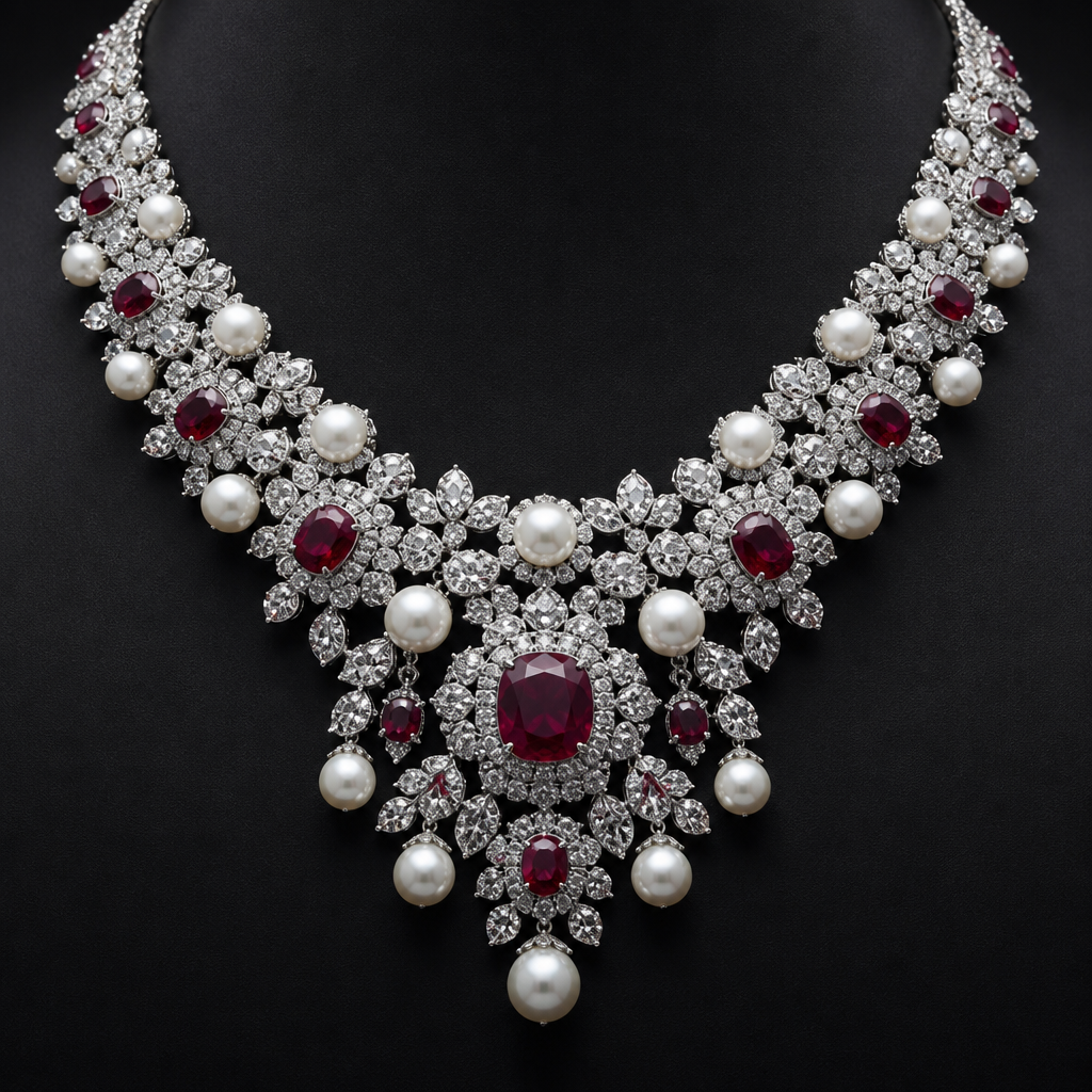 A pearl-adorned women's necklace made of platinum with diamond and ruby and pearl stones suitable for wedding. Luxury diamond royal necklace encrusted with rubies and pearls
photorealistic jewelry design, A pearl-adorned women's necklace made of platinum with diamond and ruby and pearl stones suitable for wedding. Luxury diamond royal necklace encrusted with rubies and pearls, pearl_adorned style, just the design no text