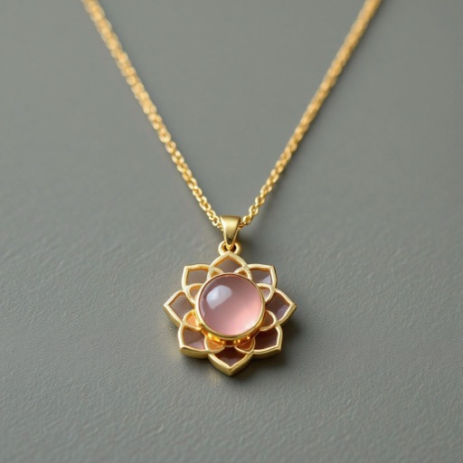 Золотая матовая цепочка. Подвеска лотос шесть лепестков. В сердце лотоса матовый розовый кварц 