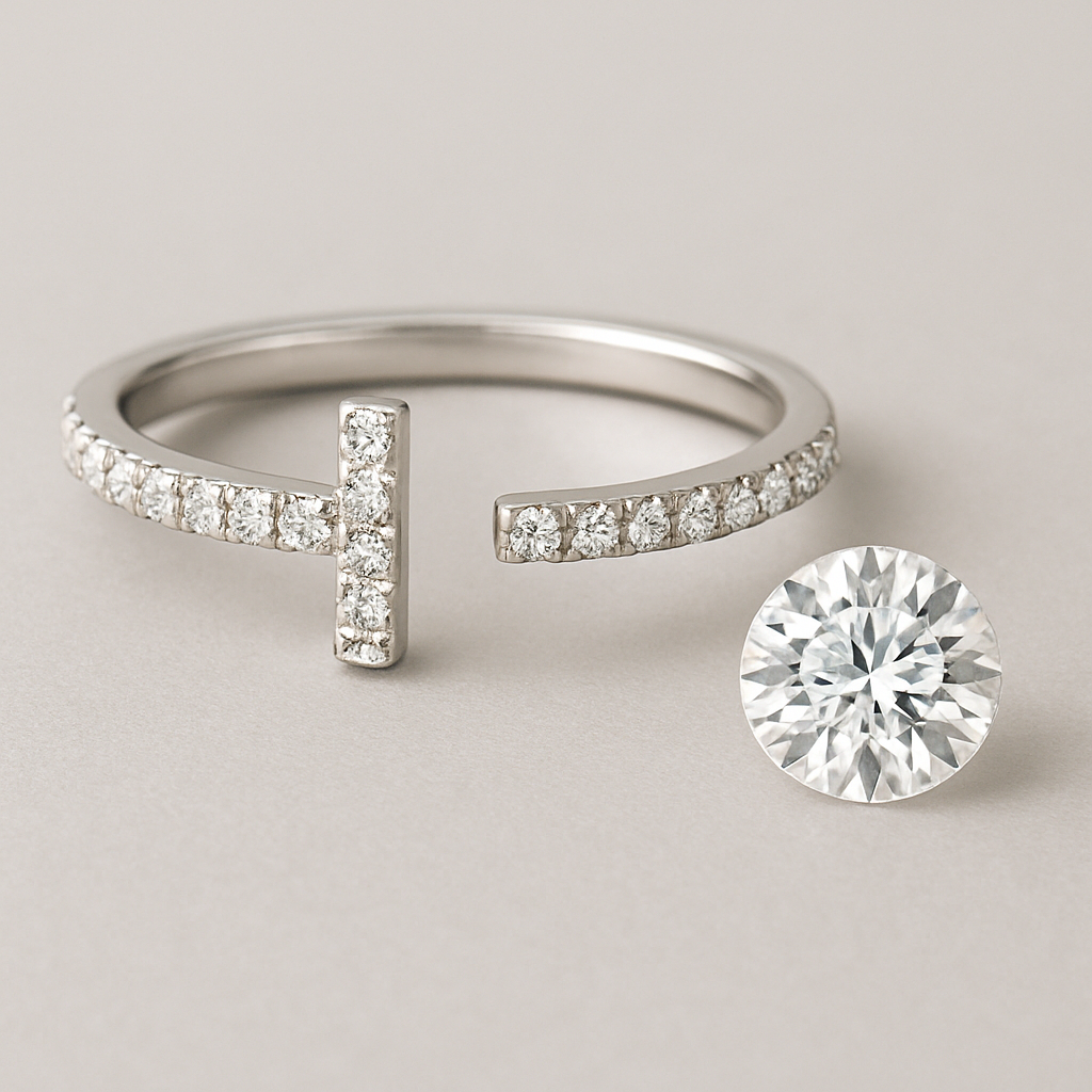 White gold pave t bar ring with 1 carat round stone disconnected