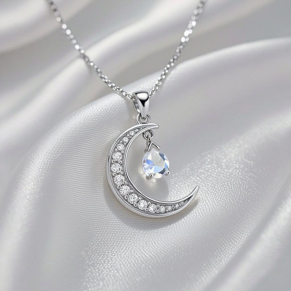 Луна полумесяцем с мелкими камушками и маленький в виде кристала лунный камень подвеска