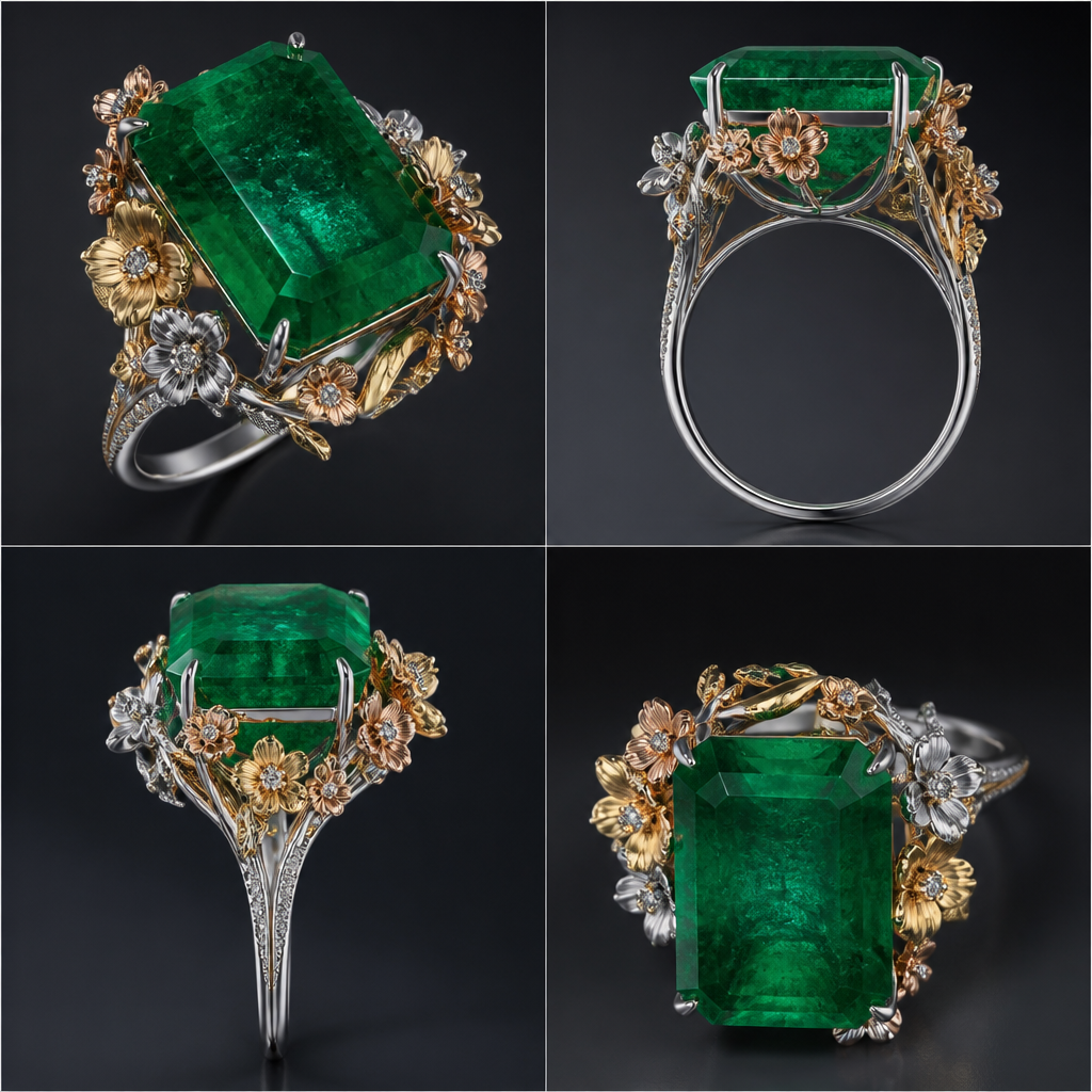 A luxury women's ring made of white gold with emerald and diamond stones. Quero um anel sofisticado em ouro branco. A gema é uma esmeralda colombiana de 21,37mm de altura; 17,12mm de largura e 10,07mm de medida da culaça até a mesa.
Quero que o aro seja fino, delicado, dando destaque à gema. Galeria dupla para cravar a esmeralda.
Quero que o anel possua alguma flores delicadas nos três tons de ouro e que o miolo dessas flores seja um diamante.
Não quero as flores todas alinhadas. Quero algo bem harmônico e com movimento.
photorealistic jewelry design, A luxury women's ring made of white gold with emerald and diamond stones. Quero um anel sofisticado em ouro branco. A gema é uma esmeralda colombiana de 21,37mm de altura; 17,12mm de largura e 10,07mm de medida da culaça até a mesa.
Quero que o aro seja fino, delicado, dando destaque à gema. Galeria dupla para cravar a esmeralda.
Quero que o anel possua alguma flores delicadas nos três tons de ouro e que o miolo dessas flores seja um diamante.
Não quero as flores todas alinhadas. Quero algo bem harmônico e com movimento., luxury style, just the design no text