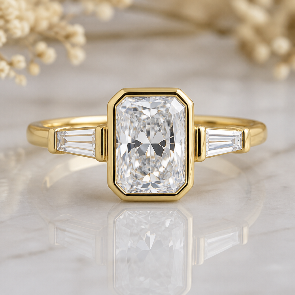 Radiant cut bezel set 14k gold engagement ring with tapered baquettes on side
photorealistic jewelry design, Radiant cut bezel set 14k gold engagement ring with tapered baquettes on side, just the design no text