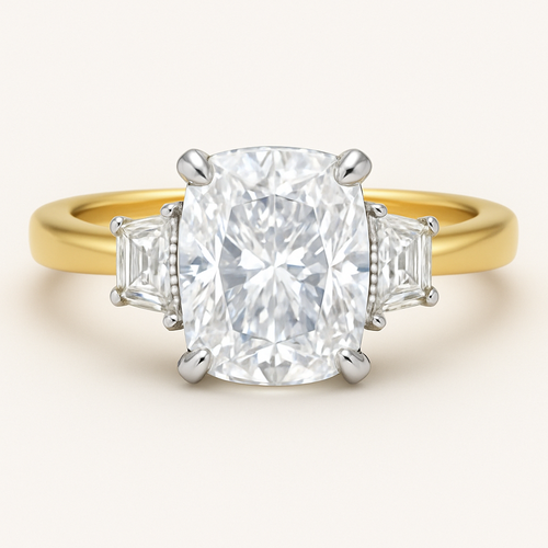 Make a rendering for an engagement ring with a 5.04 ct (12.07x8.36x5.73mm) with 2 .75ct trapezoids (6.3x4.9x5.2mm) with a gold band that’s a 5.5 ring size, yellow gold band with white gold setting 
