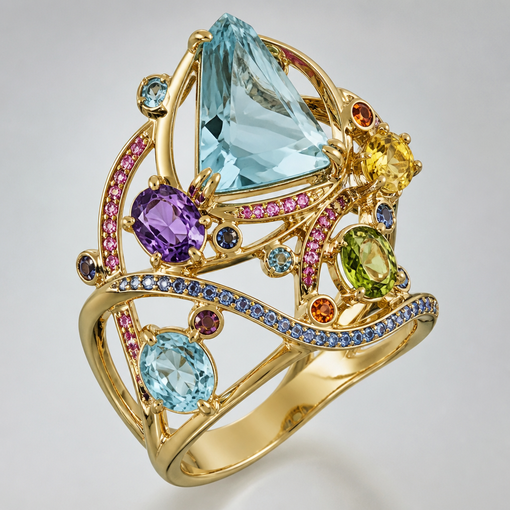 A modern women's ring made of gold with aquamarine stones, highly ornate, intricate and elaborate, richly detailed. quero um anel com água marinha e pedras coloridas bem moderno
photorealistic jewelry design, A modern women's ring made of gold with aquamarine stones, highly ornate, intricate and elaborate, richly detailed. quero um anel com água marinha e pedras coloridas bem moderno, modern style, just the design no text