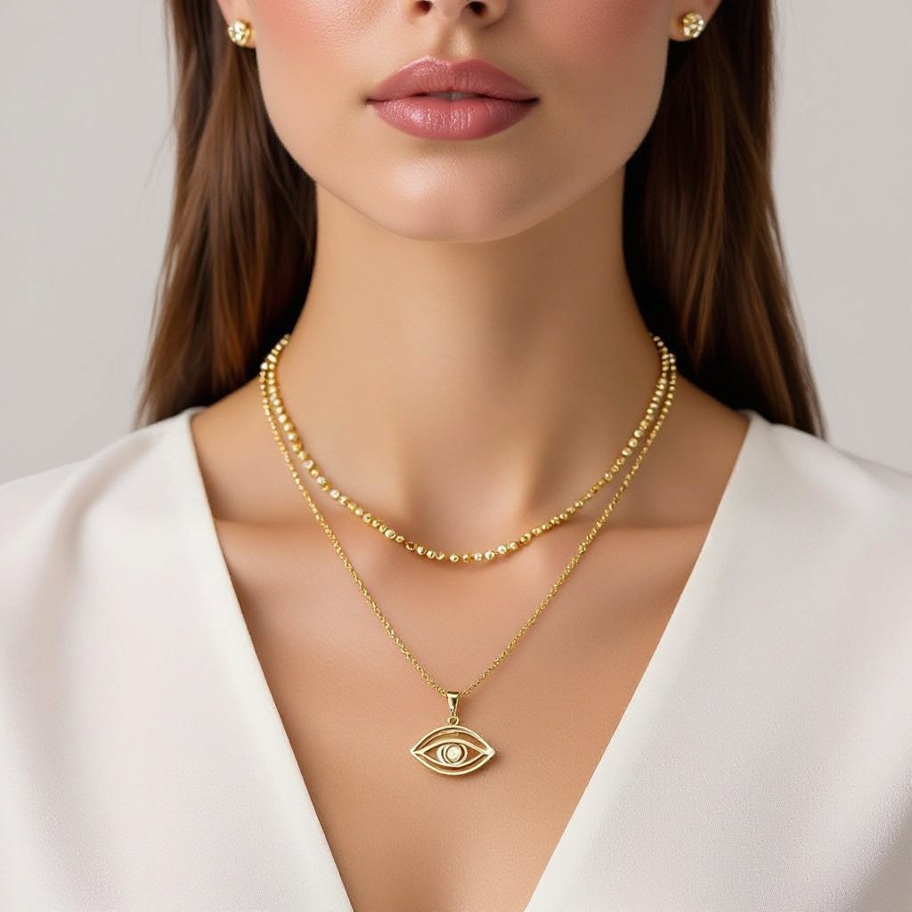 Кулон на длинной цепочке. Матовое светлое золото. В цепочке небольшие золотые шарики и жемчуг. Кулон это перевернутый глаз, снизу еще два глаза узоры завитушки 