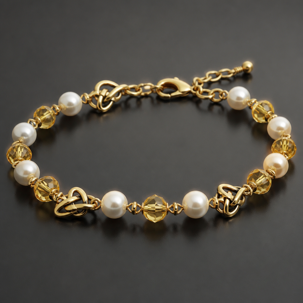 A celtic women's bracelet suitable for daily wear. make it with yellow Swarovski and white pearls bracelet
photorealistic jewelry design, A celtic women's bracelet suitable for daily wear. make it with yellow Swarovski and white pearls bracelet, celtic style, just the design no text