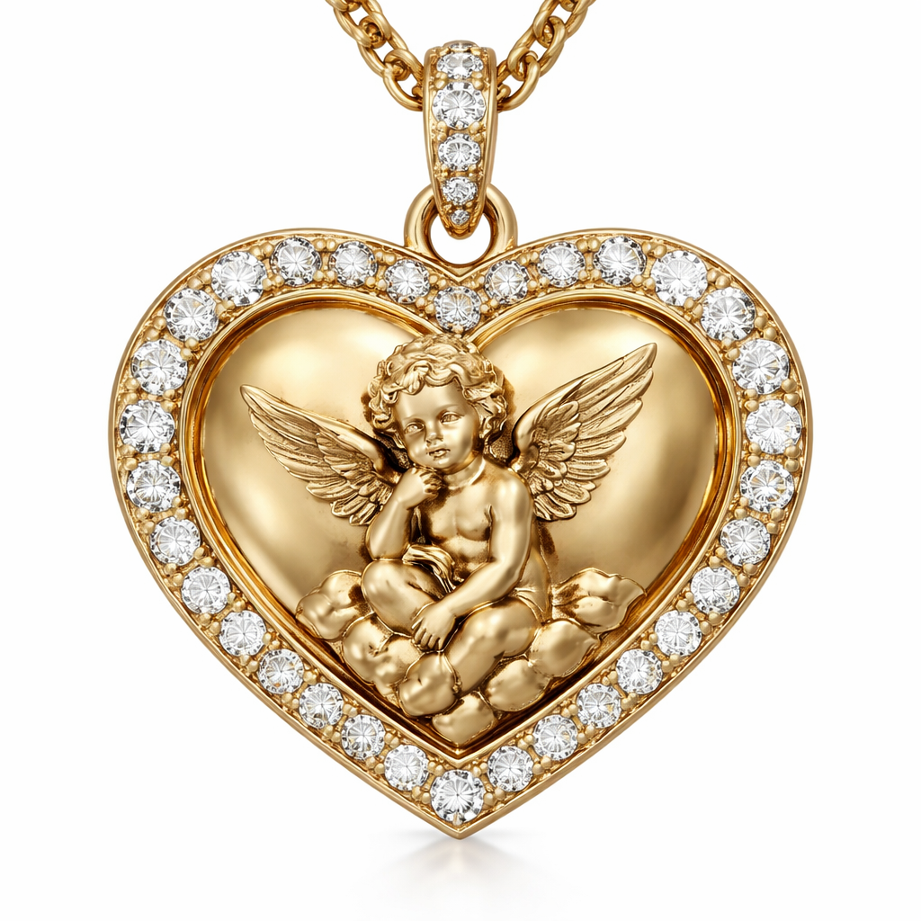 Gold heart pendant with angel cherub on surface and Pavé diamond border around heart
Gold heart pendant with angel cherub on surface and Pavé diamond border around heart , bespoke style