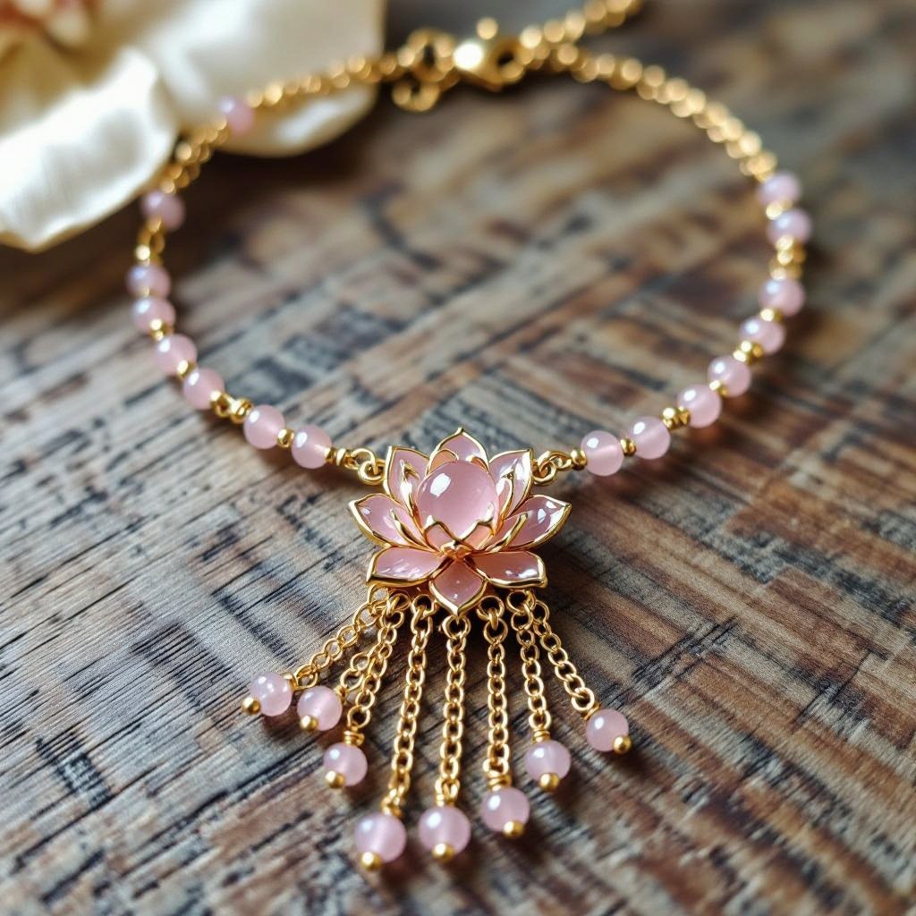 Цепочка из золота с золотыми мелкими шариками и мелкими из мелкого розового кварца посредине лотос от лотоса идут цепочки золотые вниз