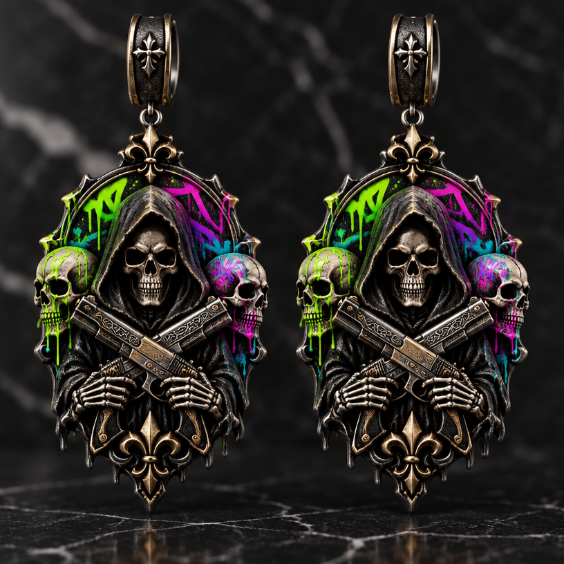 A gothic men's earrings made of mixed metal suitable for formal. a reaper with skeletonswith neon graffiti around the skull and pistols crossing "the family " written in old english
using the attached image as a visual reference, create A gothic men's earrings made of mixed metal suitable for formal. a reaper with skeletonswith neon graffiti around the skull and pistols crossing "the family " written in old english. photorealistic, just the design no text