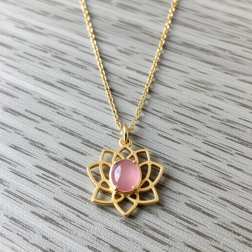 Золотая матовая цепочка. Подвеска лотос шесть лепестков не круглый . В сердце лотоса матовый розовый кварц овальный
