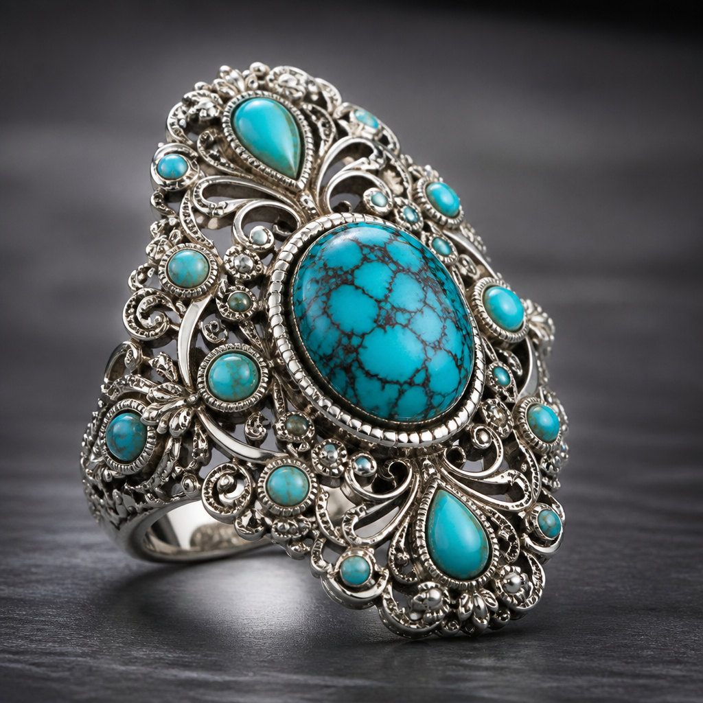 A women's ring with turquoise stones, highly ornate, intricate and elaborate, richly detailed
photorealistic jewelry design, A women's ring with turquoise stones, highly ornate, intricate and elaborate, richly detailed, modern style, just the design no text