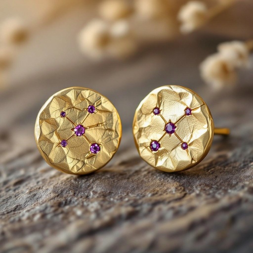 Серьги матовое золото мятое. Символ созвездие. Маленькие фиолетовые камушки