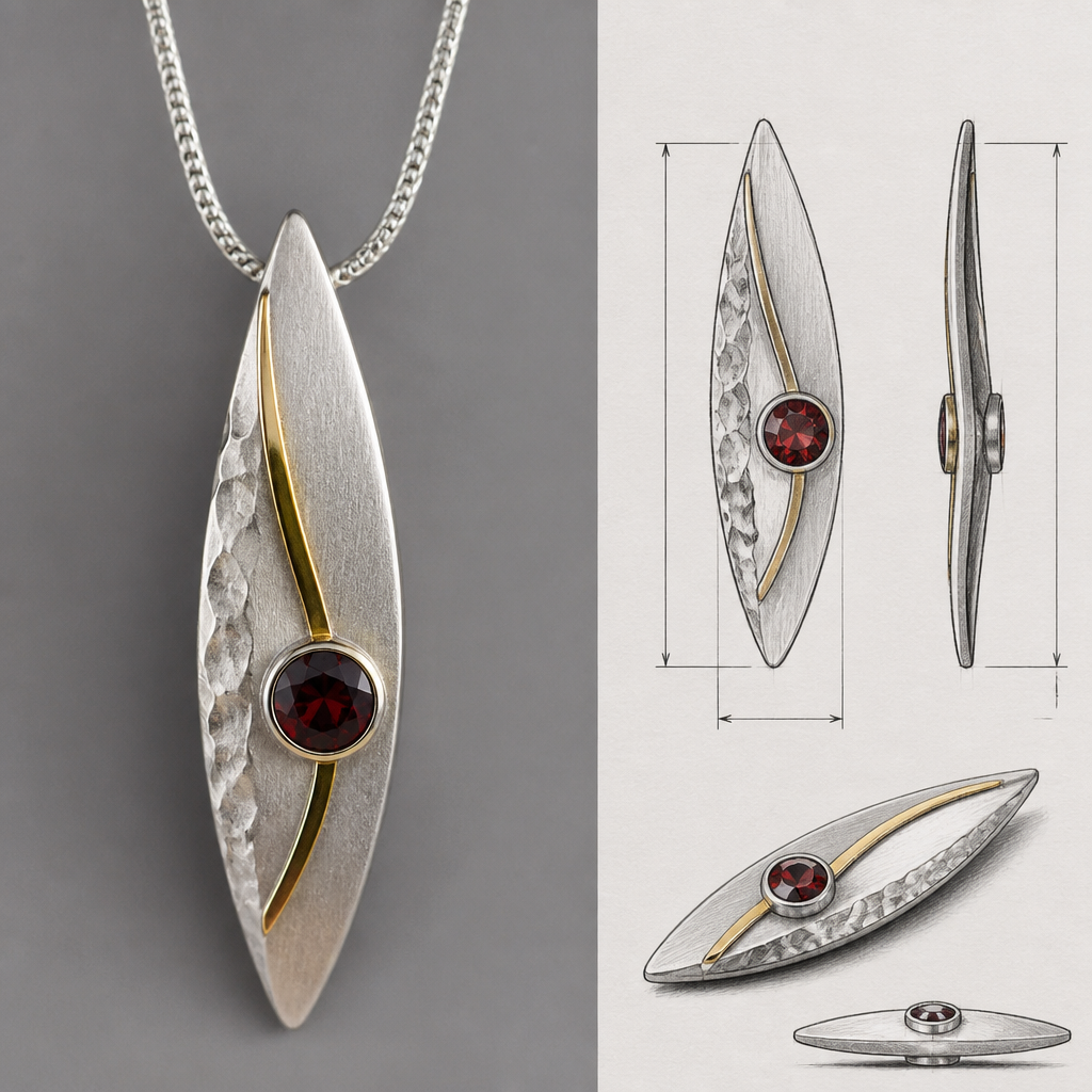 A scandinavian women's pendant made of silver with garnet stones, highly ornate, intricate and elaborate, richly detailed. "photorealistic jewelry design, A scandinavian women's pendant made of silver with garnet stones suitable for daily wear, minimalist. simple and delicate, clean lines. simplistic form minimalist brushed silver finish with an accent of gold and a small section of hammered surface, scandinavian style, with design scketchs and mesurments
photorealistic jewelry design, A scandinavian women's pendant made of silver with garnet stones, highly ornate, intricate and elaborate, richly detailed. "photorealistic jewelry design, A scandinavian women's pendant made of silver with garnet stones suitable for daily wear, minimalist. simple and delicate, clean lines. simplistic form minimalist brushed silver finish with an accent of gold and a small section of hammered surface, scandinavian style, with design scketchs and mesurments, scandinavian style, just the design no text