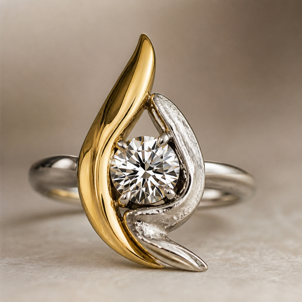 A avant-garde women's ring made of mixed metal with diamond stones suitable for festival. An extraordinary excellent beautiful delicate and elegant solitaire women ring. Face of the ring.
photorealistic jewelry design, A avant-garde women's ring made of mixed metal with diamond stones suitable for festival. An extraordinary excellent beautiful delicate and elegant solitaire women ring. Face of the ring., avant_garde style, just the design no text