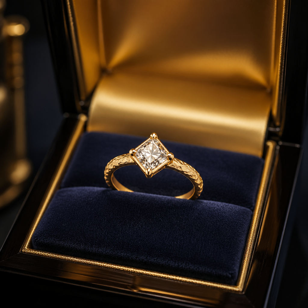 A women's ring. crea Una foto de un anillo solitario de diamante de rombo de oro de 24 kilates en un lujoso expositor de joyería. El anillo está meticulosamente elaborado, con una banda de oro texturizada de 24 kilates que sostiene un diamante de rombo perfectamente tallado. El diamante está engastado en un chatón de oro con puntas sutiles que permiten que la luz natural interactúe con el diamante, realzando su brillo y fuego.
El expositor es una vitrina de terciopelo azul oscuro forrada de satén dorado y madera pulida de ébano. La iluminación es suave y dramática, capturando el brillo del oro y el destello del diamante. En el fondo, un cartel grabado con "JOYAS FINAS" en letras doradas elegantemente curvadas se encuentra sobre la vitrina. El ambiente es sofisticado y refinado, con un toque de lujo y exclusividad. La foto está tomada desde una perspectiva de ángulo ligeramente bajo, lo que resalta la belleza del anillo y el expositor."
Palabras clave adicionales:
Joyería fina
Lujo
Diamante
Oro de 24 kilates
Anillo solitario
Expositor
Vitrina
Iluminación
Fotorrealismo
photorealistic jewelry design, A women's ring. crea Una foto de un anillo solitario de diamante de rombo de oro de 24 kilates en un lujoso expositor de joyería. El anillo está meticulosamente elaborado, con una banda de oro texturizada de 24 kilates que sostiene un diamante de rombo perfectamente tallado. El diamante está engastado en un chatón de oro con puntas sutiles que permiten que la luz natural interactúe con el diamante, realzando su brillo y fuego.
El expositor es una vitrina de terciopelo azul oscuro forrada de satén dorado y madera pulida de ébano. La iluminación es suave y dramática, capturando el brillo del oro y el destello del diamante. En el fondo, un cartel grabado con "JOYAS FINAS" en letras doradas elegantemente curvadas se encuentra sobre la vitrina. El ambiente es sofisticado y refinado, con un toque de lujo y exclusividad. La foto está tomada desde una perspectiva de ángulo ligeramente bajo, lo que resalta la belleza del anillo y el expositor."
Palabras clave adicionales:
Joyería fina
Lujo
Diamante
Oro de 24 kilates
Anillo solitario
Expositor
Vitrina
Iluminación
Fotorrealismo
, modern style, just the design no text