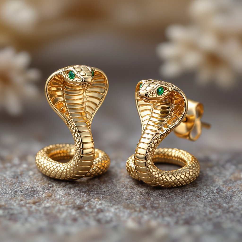 Небольшие золотые матовые серьги в виде кобры с открытым капюшоном