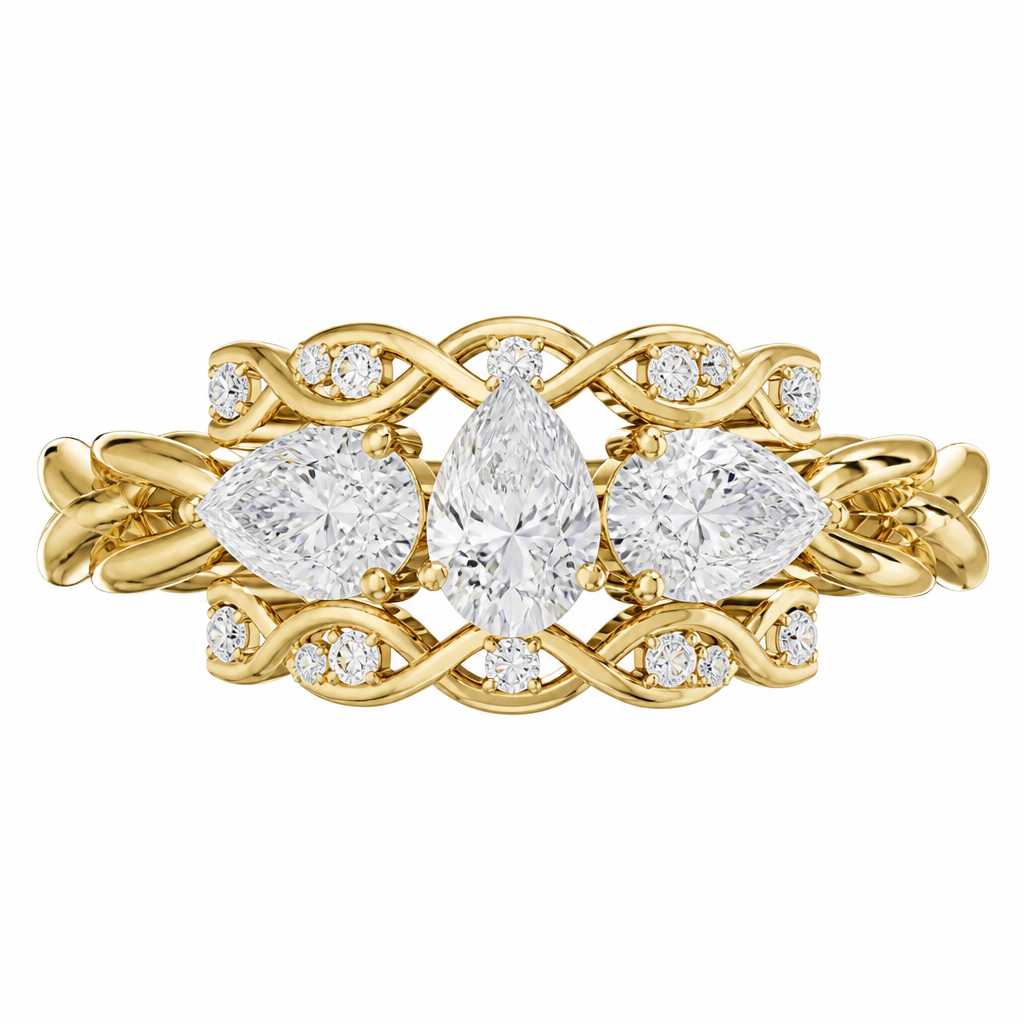Pear shaped diamonds alternating directions on a 24K gold braided band with interlocking bands on the top and bottom with mini cushion cut diamonds