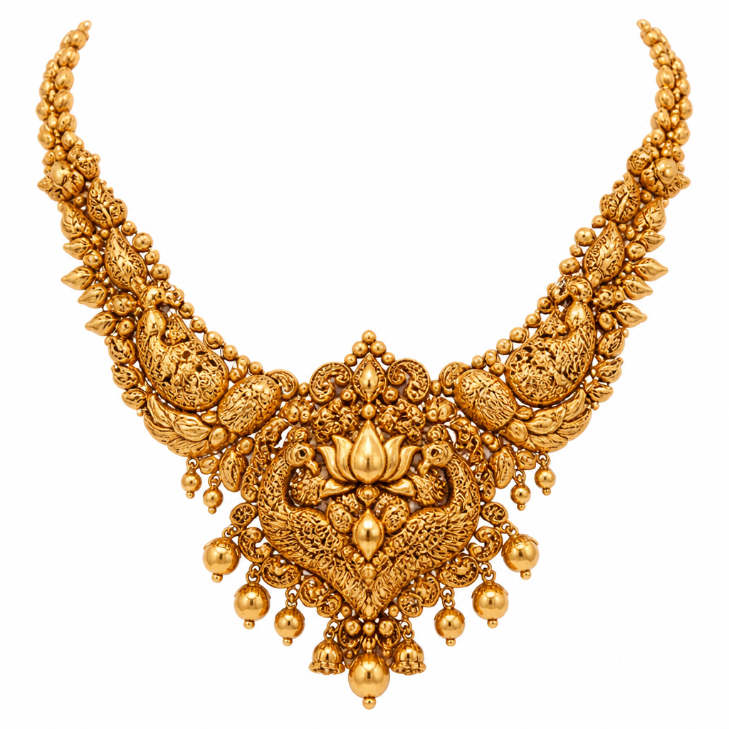 Create a luxurious 22K pure gold necklace inspired by rural Maharashtrian heritage and village royalty. No goddess faces, no temple idols, and no modern geometric designs. The necklace should feature handcrafted lotus buds, mango (paisley) motifs, peacock feathers, wheat patterns, traditional gold beads, delicate ghungroo drops, and intricate antique carvings. The design should feel like a treasured heirloom passed down through generations in a royal village family. Rich antique gold finish, layered structure, detailed handcrafted textures, elegant and feminine, grand yet wearable. Premium jewelry photography, realistic 22K gold texture, luxury showroom quality, white background, ultra-detailed 4K render.”
photorealistic jewelry design, Create a luxurious 22K pure gold necklace inspired by rural Maharashtrian heritage and village royalty. No goddess faces, no temple idols, and no modern geometric designs. The necklace should feature handcrafted lotus buds, mango (paisley) motifs, peacock feathers, wheat patterns, traditional gold beads, delicate ghungroo drops, and intricate antique carvings. The design should feel like a treasured heirloom passed down through generations in a royal village family. Rich antique gold finish, layered structure, detailed handcrafted textures, elegant and feminine, grand yet wearable. Premium jewelry photography, realistic 22K gold texture, luxury showroom quality, white background, ultra-detailed 4K render.”, byzantine style, just the design no text