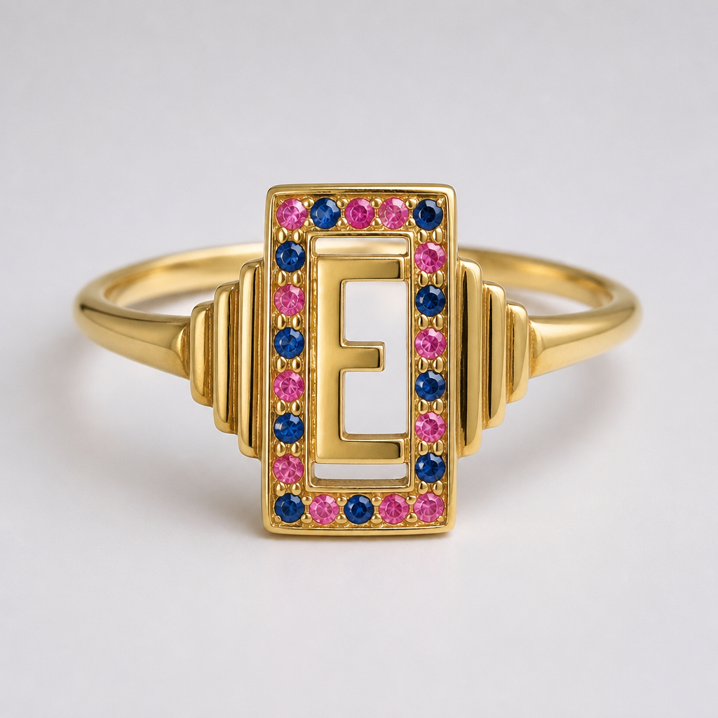 A art deco women's ring made of gold, ultra-minimalist, very simple and clean, understated, no embellishments. um anel de 15 anos com inicial E com pedrinhas azul e pedrinhas rosa em volta
photorealistic jewelry design, A art deco women's ring made of gold, ultra-minimalist, very simple and clean, understated, no embellishments. um anel de 15 anos com inicial E com pedrinhas azul e pedrinhas rosa em volta, art_deco style, just the design no text