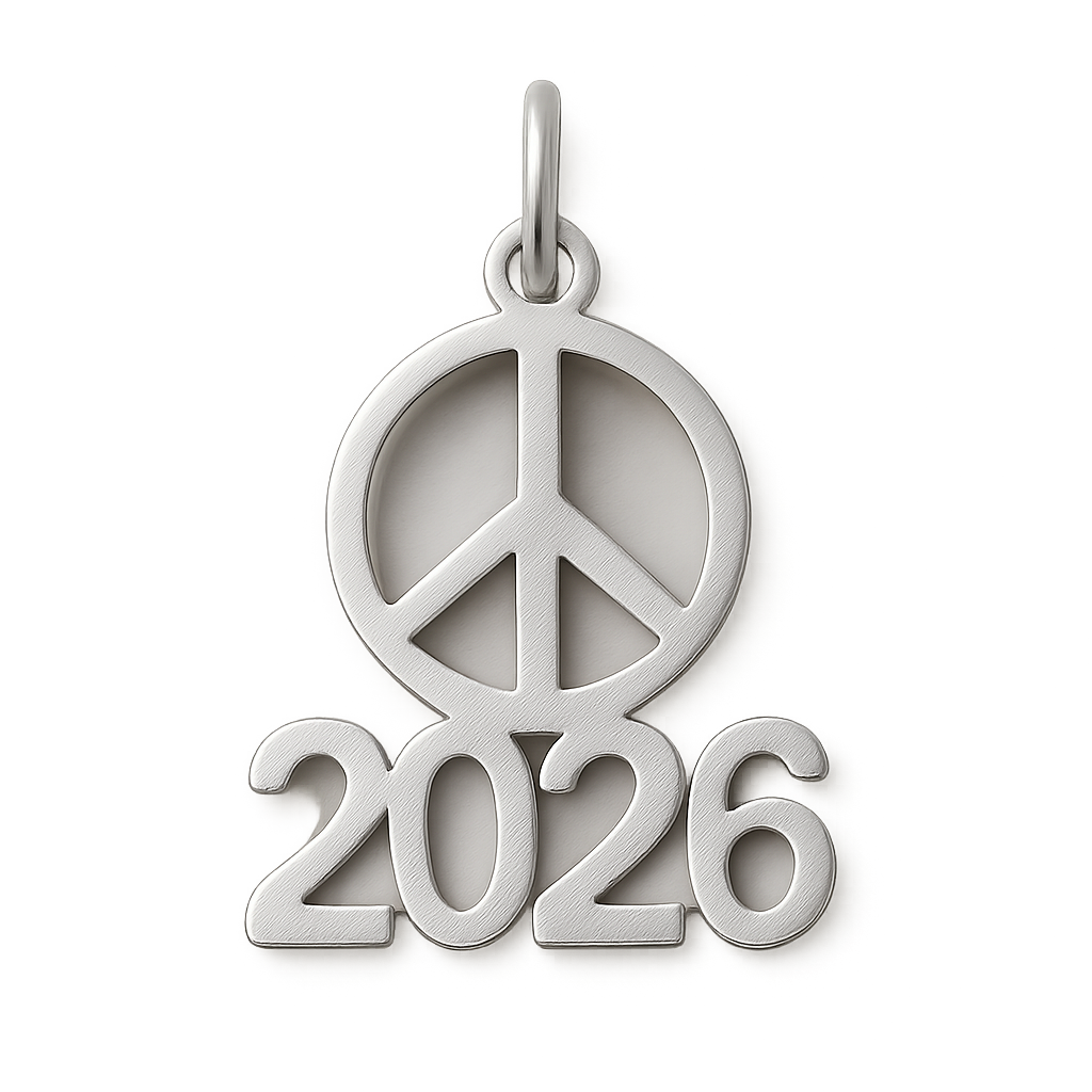 Silver minimal abstract cut-out charm combining the peace symbol and year 2026