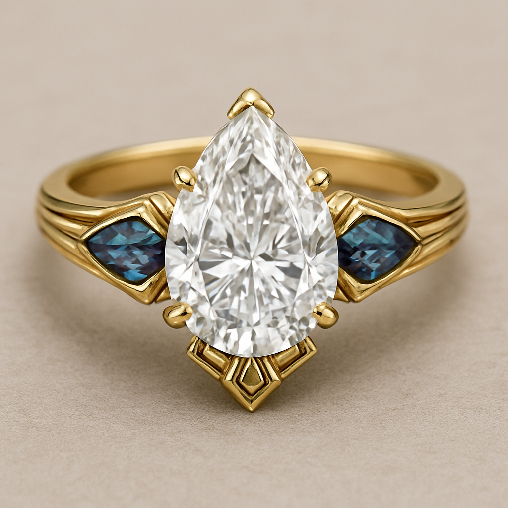 2 carat pear cut diamond with with claw prongs and marquise shaped alexandrite side stones set in a yellow flared shank