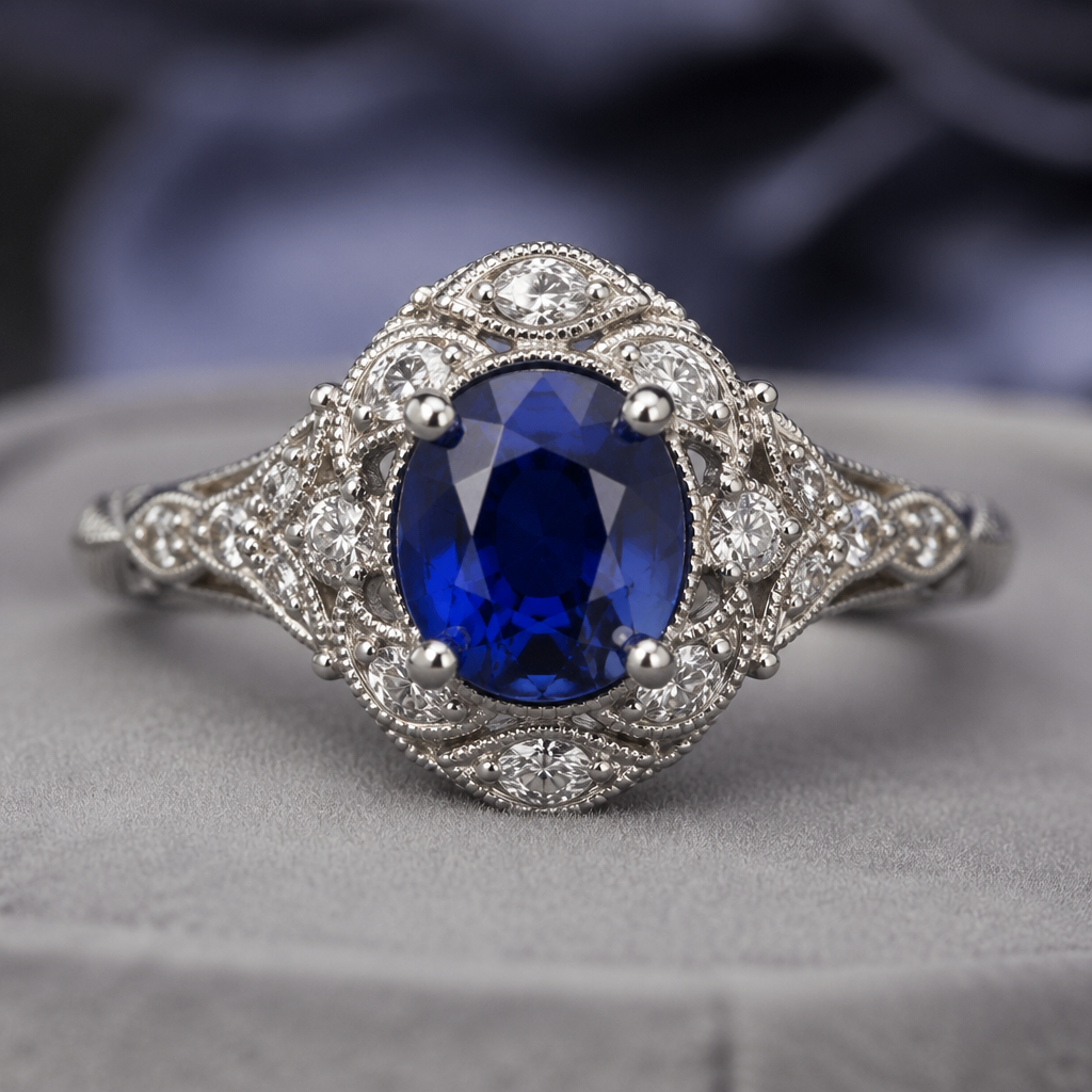 Sapphire center stone ring
photorealistic jewelry design,
Sapphire center stone ring , vintage style, just the design no text