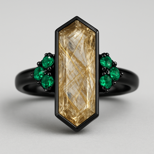 Black band, long hexagon cut rutilated quartz, emerald accent stones 3 on each side in a cluster 