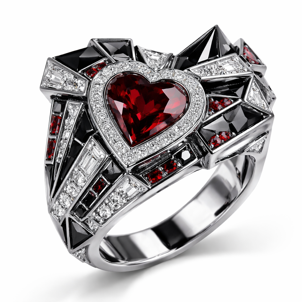 Geomatric ring of egdes and architecture shapes and bold of diamonds black and white and red of white background of edgy style and elements heart shape