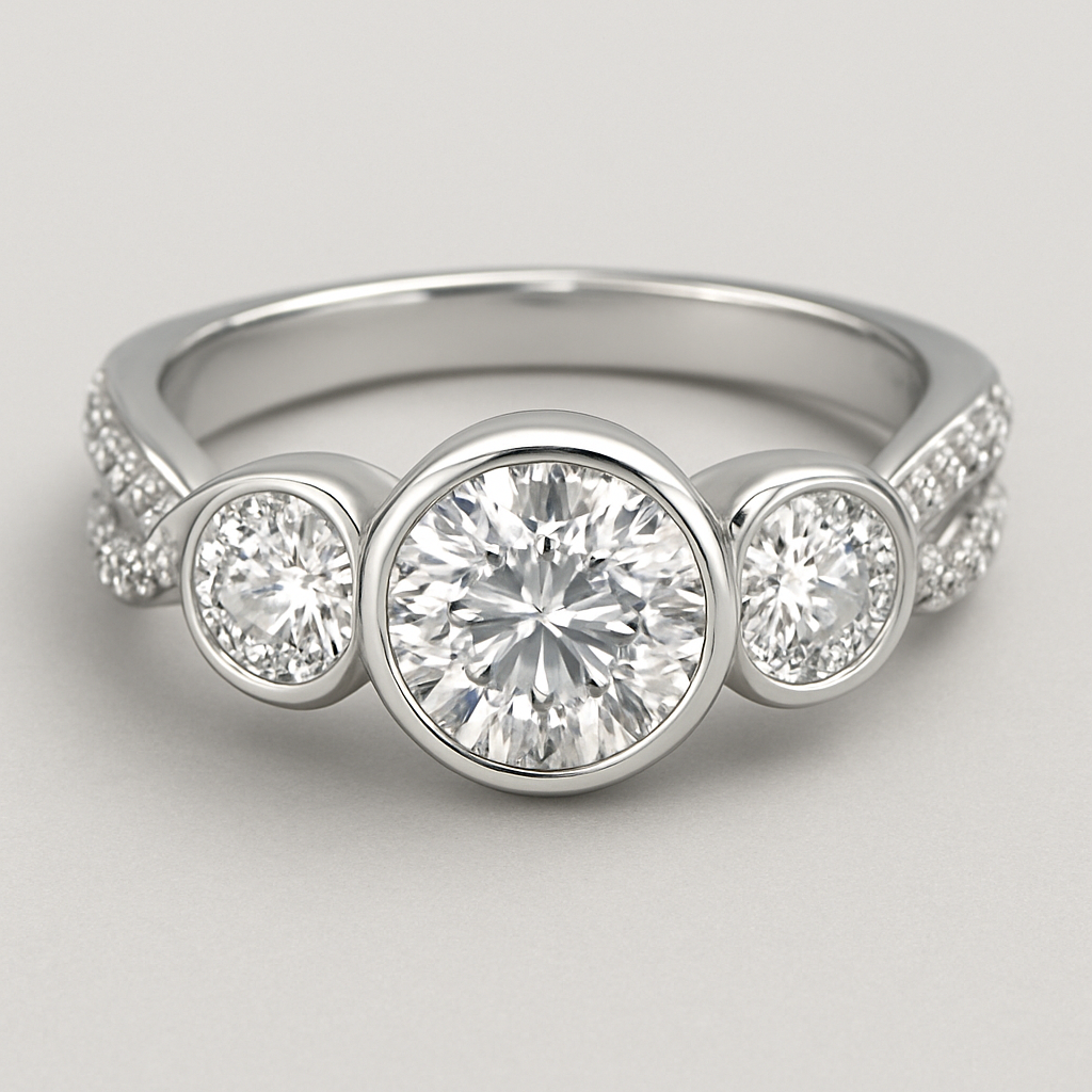 Elegant platinum 4 carat tw 3 stone ring pave twisted band