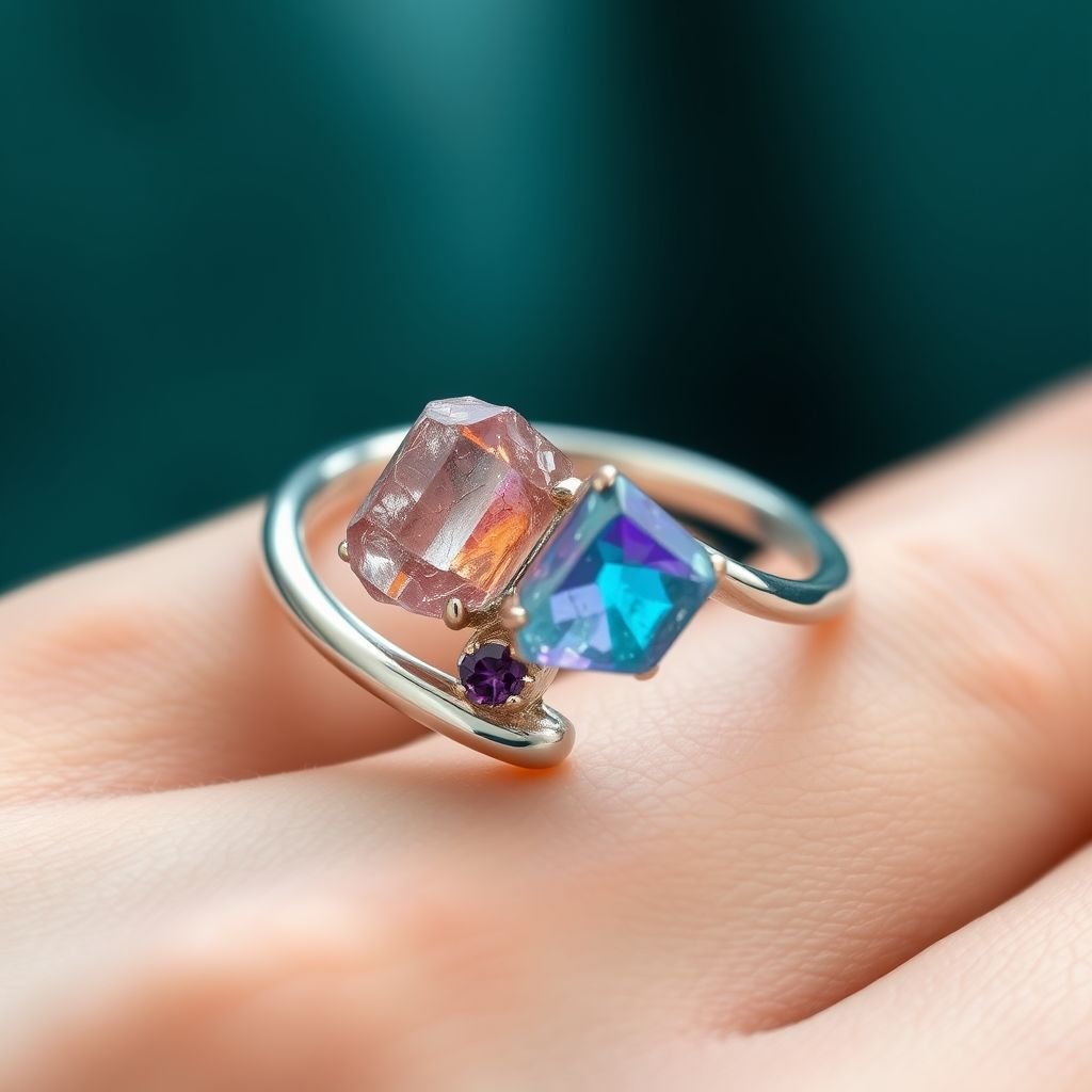 Craft a minimalist silver adjustable ring that delicately embraces the finger. Feature two striking raw natural gemstones—allowing their organic textures and colors to stand out. The design exudes earthy elegance, merging modern style with raw, untamed nature.