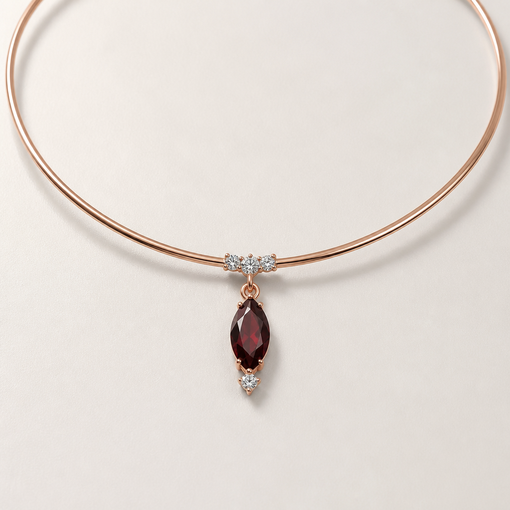 A choker women's ring made of rose gold with garnet and diamond stones suitable for formal, minimalist, simple and delicate, clean lines. collana con pendente
photorealistic jewelry design, A choker women's ring made of rose gold with garnet and diamond stones suitable for formal, minimalist, simple and delicate, clean lines. collana con pendente, choker style, just the design no text