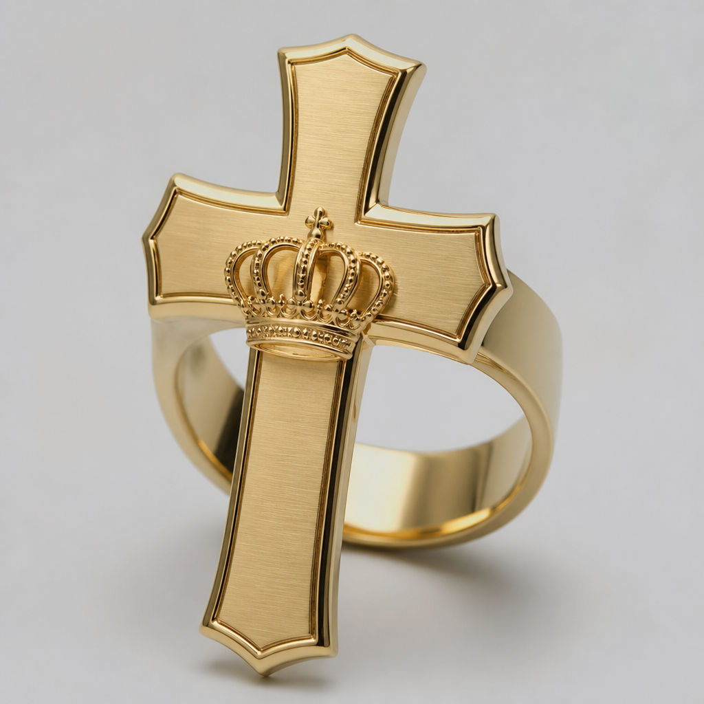 A bigggggg cross on a ring with a crown on it
photorealistic jewelry design, A bigggggg cross on a ring with a crown on it, minimalist style, just the design no text