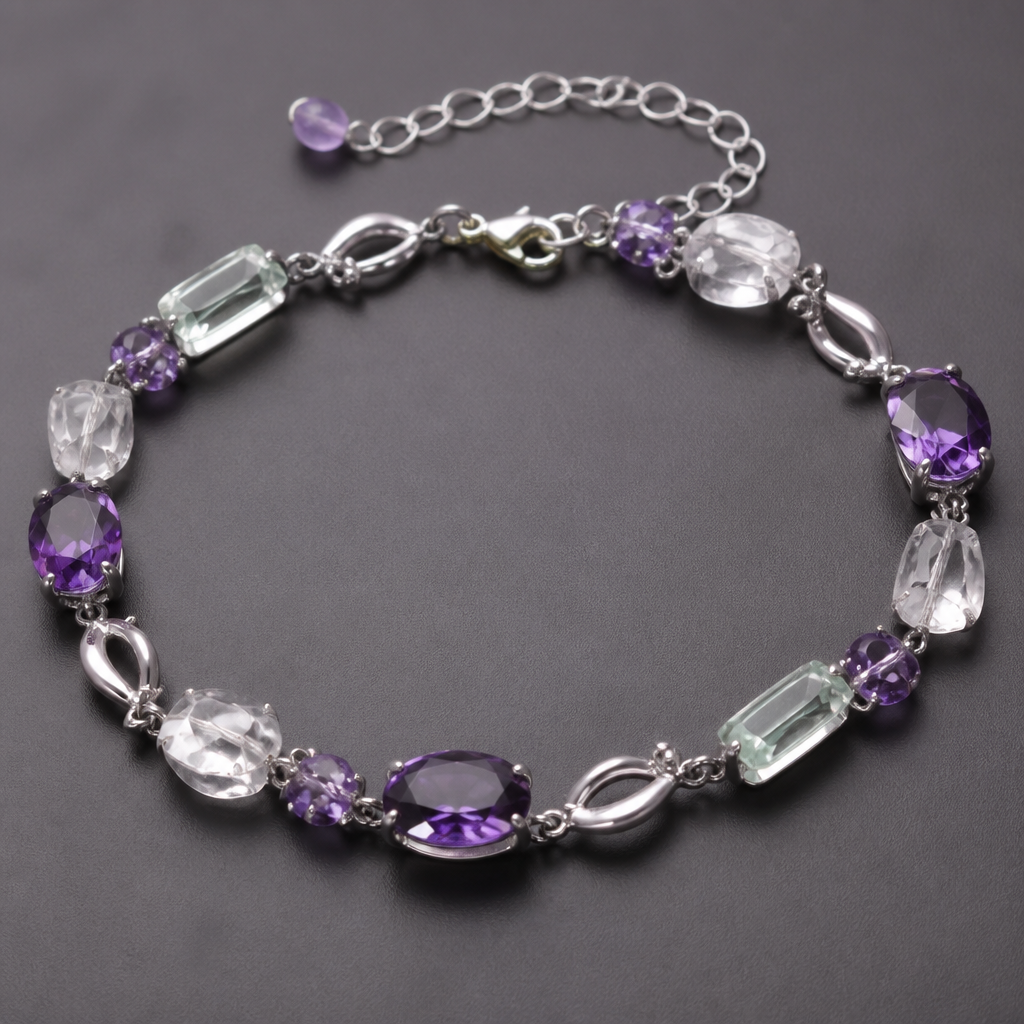 A modern women's bracelet with amethyst stones suitable for formal. parrure fine en améthyste,floryte,cristal naturel
photorealistic jewelry design, A modern women's bracelet with amethyst stones suitable for formal. parrure fine en améthyste,floryte,cristal naturel, modern style, just the design no text