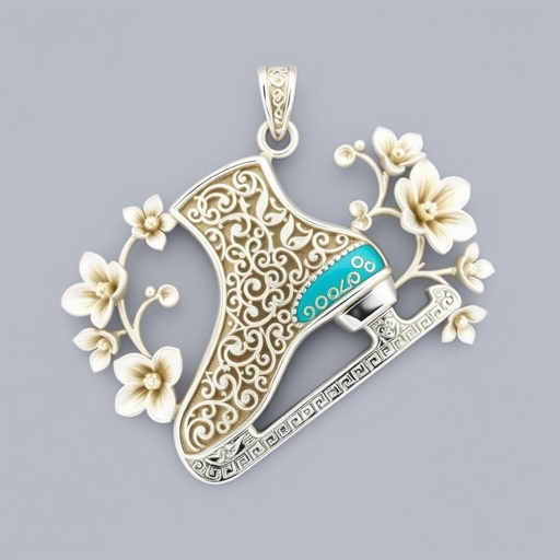 Silver Pendant shape one ice skate with turquoise stripe inside the low thin part blade