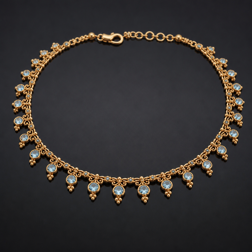 A vintage women's anklet made of gold with topaz stones suitable for formal, highly ornate, intricate and elaborate, richly detailed. delicado y sencillo
photorealistic jewelry design, A vintage women's anklet made of gold with topaz stones suitable for formal, highly ornate, intricate and elaborate, richly detailed. delicado y sencillo, vintage style, just the design no text