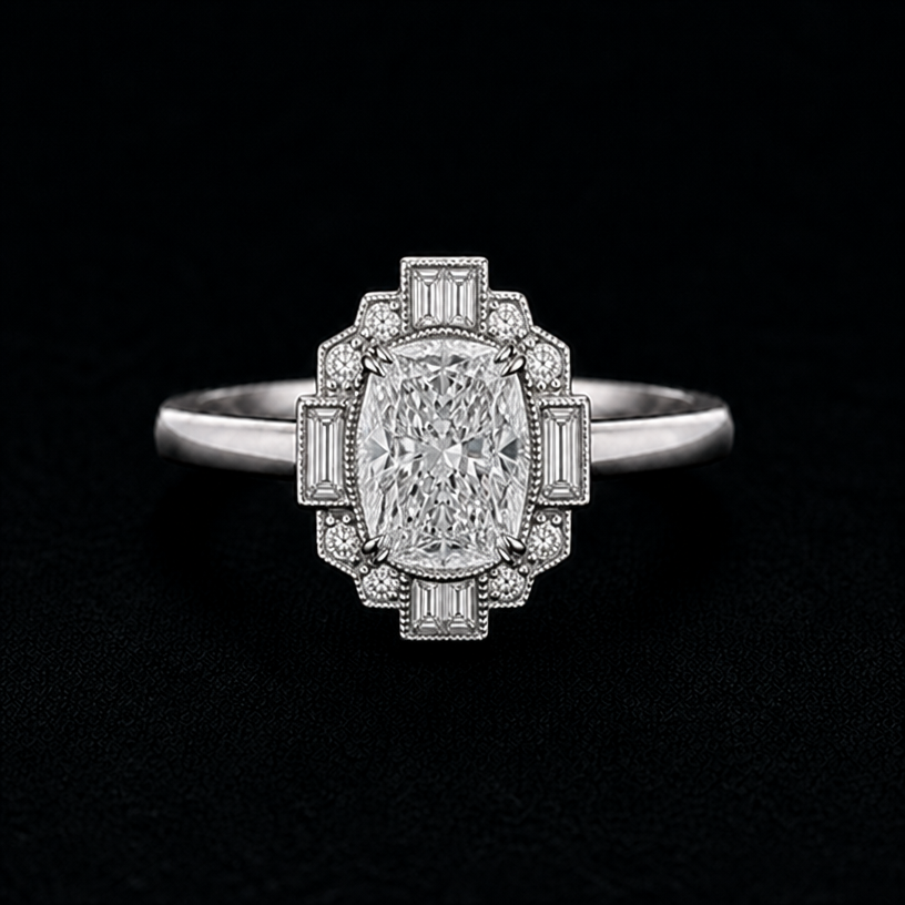 Change centre to radiant cut
edit the attached jewelry design with these instructions: Change centre to radiant cut. keep it photorealistic, just the design no text