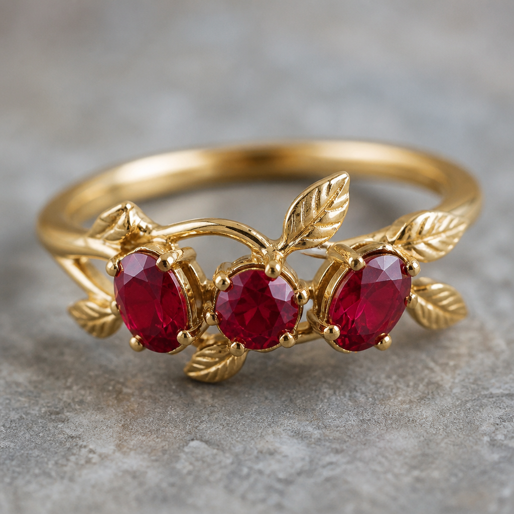 A nature women's ring made of gold with ruby stones suitable for birthday. 3 stones, same size, 1 round 2 oval,
photorealistic jewelry design, A nature women's ring made of gold with ruby stones suitable for birthday. 3 stones, same size, 1 round 2 oval,, nature_inspired style, just the design no text
